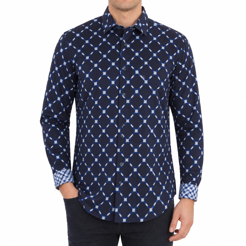 Luciano Visconti Shirt Mens Large Blue Diamond Check Pattern Button Up Cotton